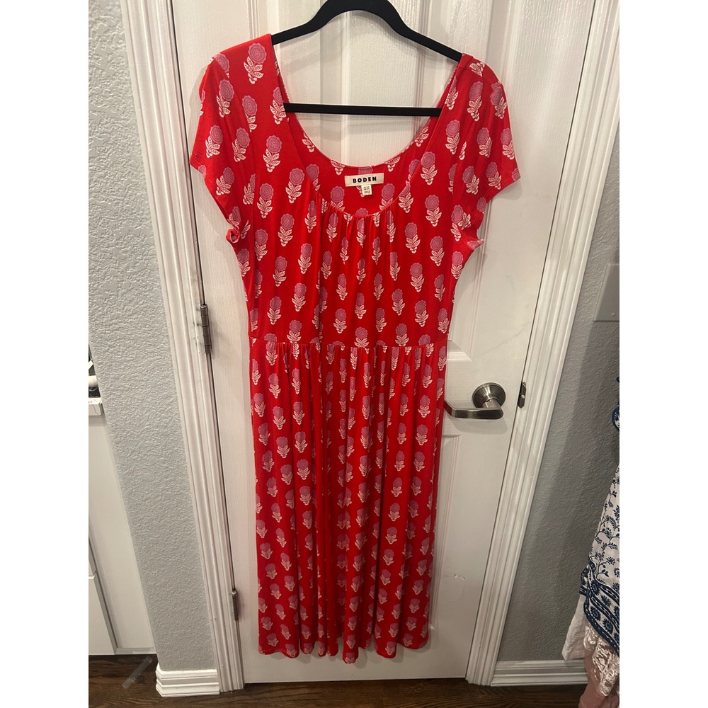 Boden Samantha Scoop Jersey Dress Red Pink Floral Maxi Short Sleeve Boho